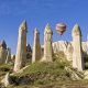 Hot Air balloon over Volcanic tufa rock pillars (Fairy Chimneys), Love Valley near Goreme, Cappadocia, Turkey